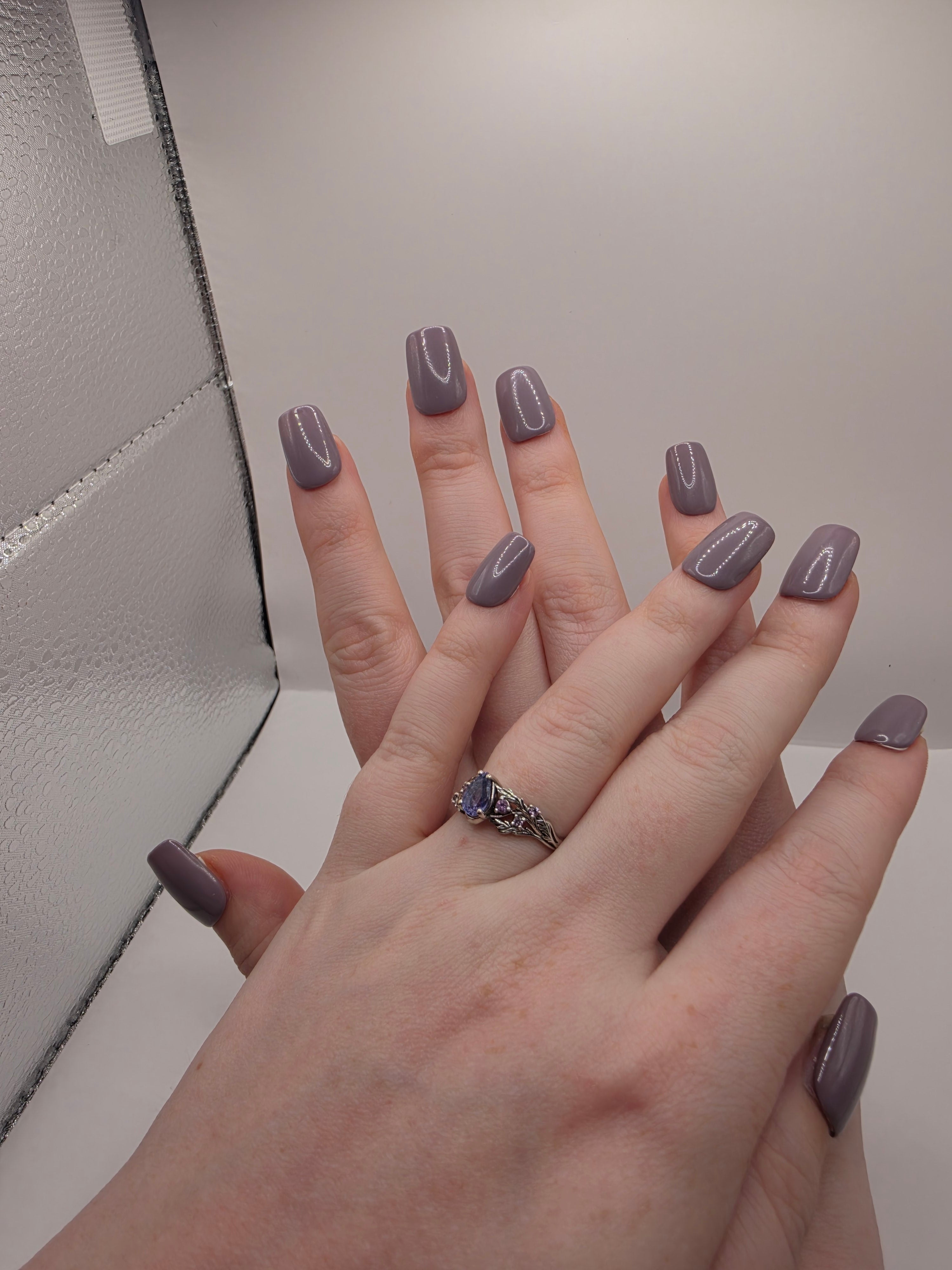 Short Coffin Nails with Dusty Gray-Purple Solid Color
