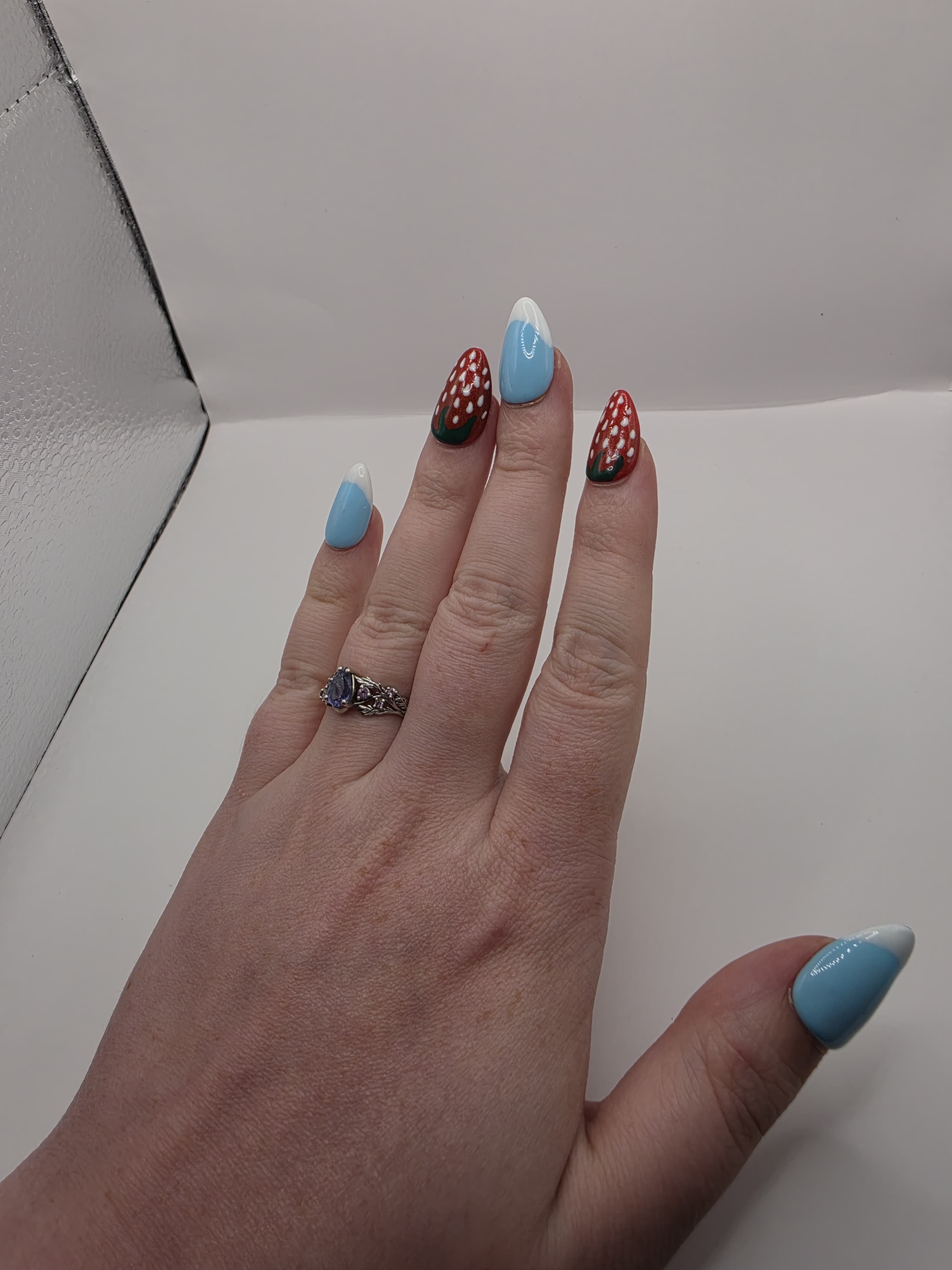Cute Summer Strawberry with Blue and White French Tips