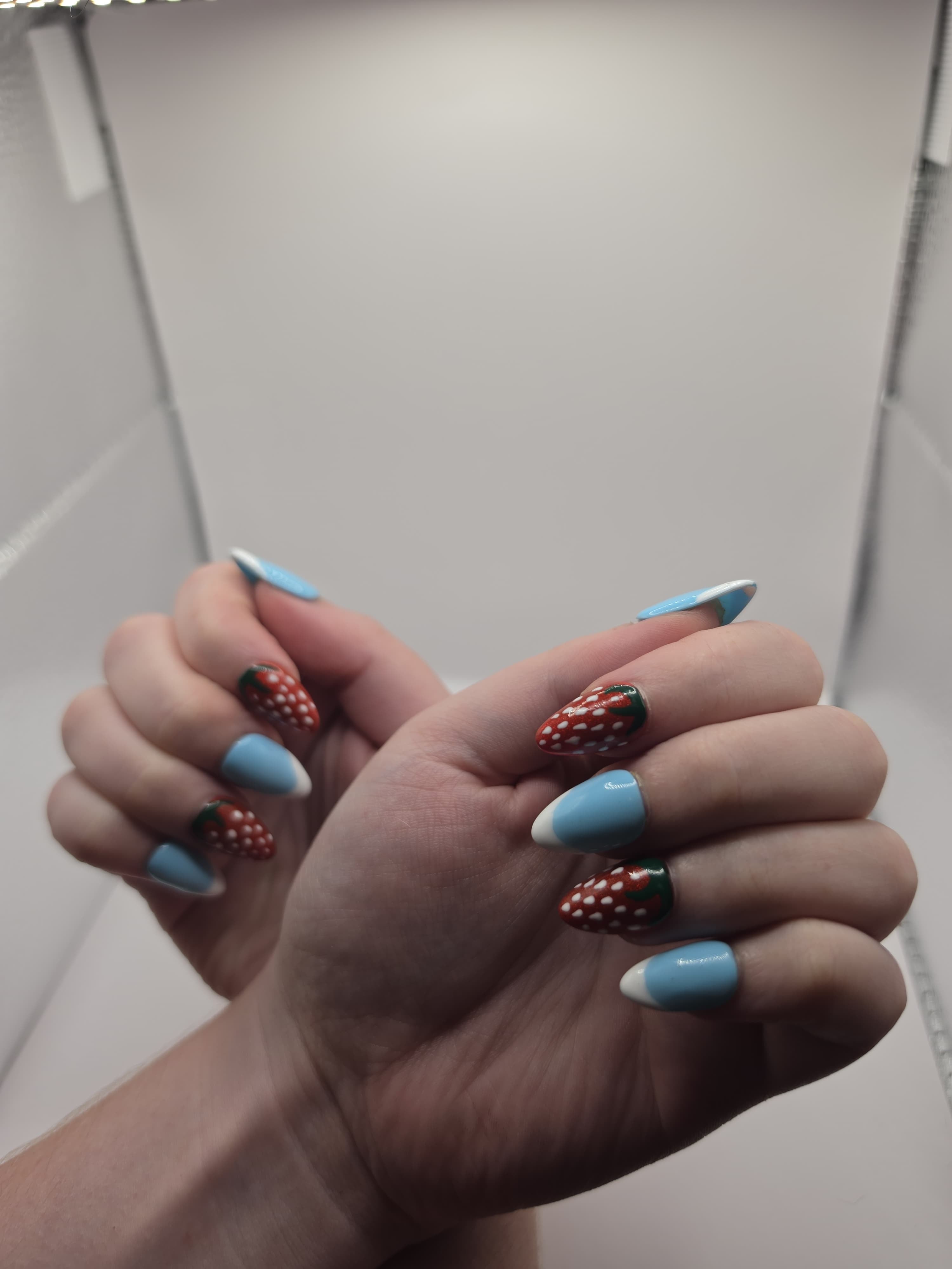 Cute Summer Strawberry with Blue and White French Tips