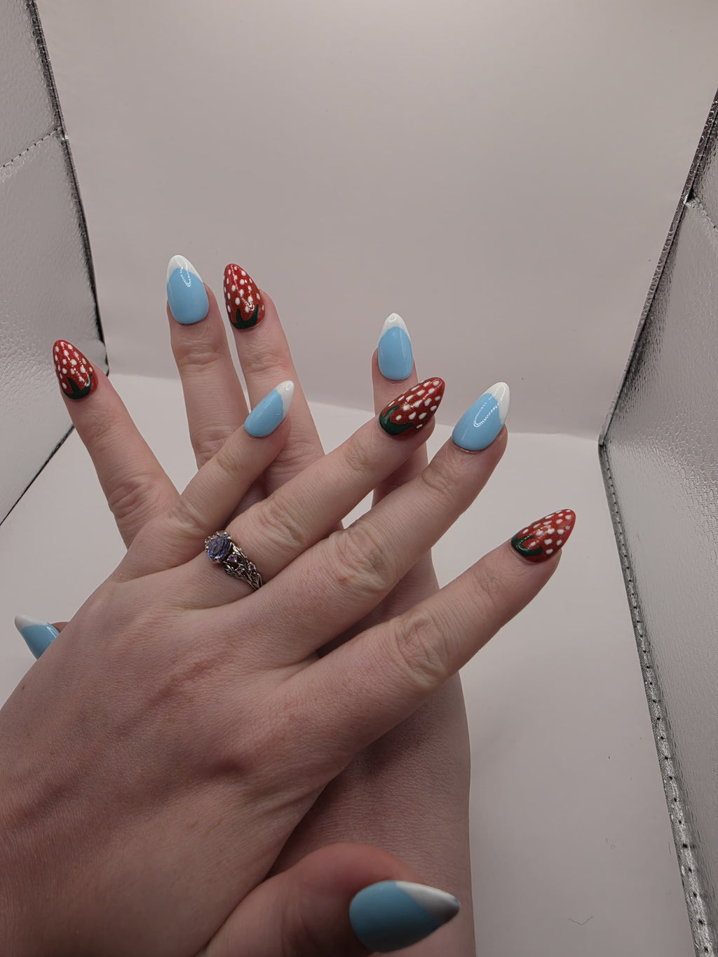 Cute Summer Strawberry with Blue and White French Tips