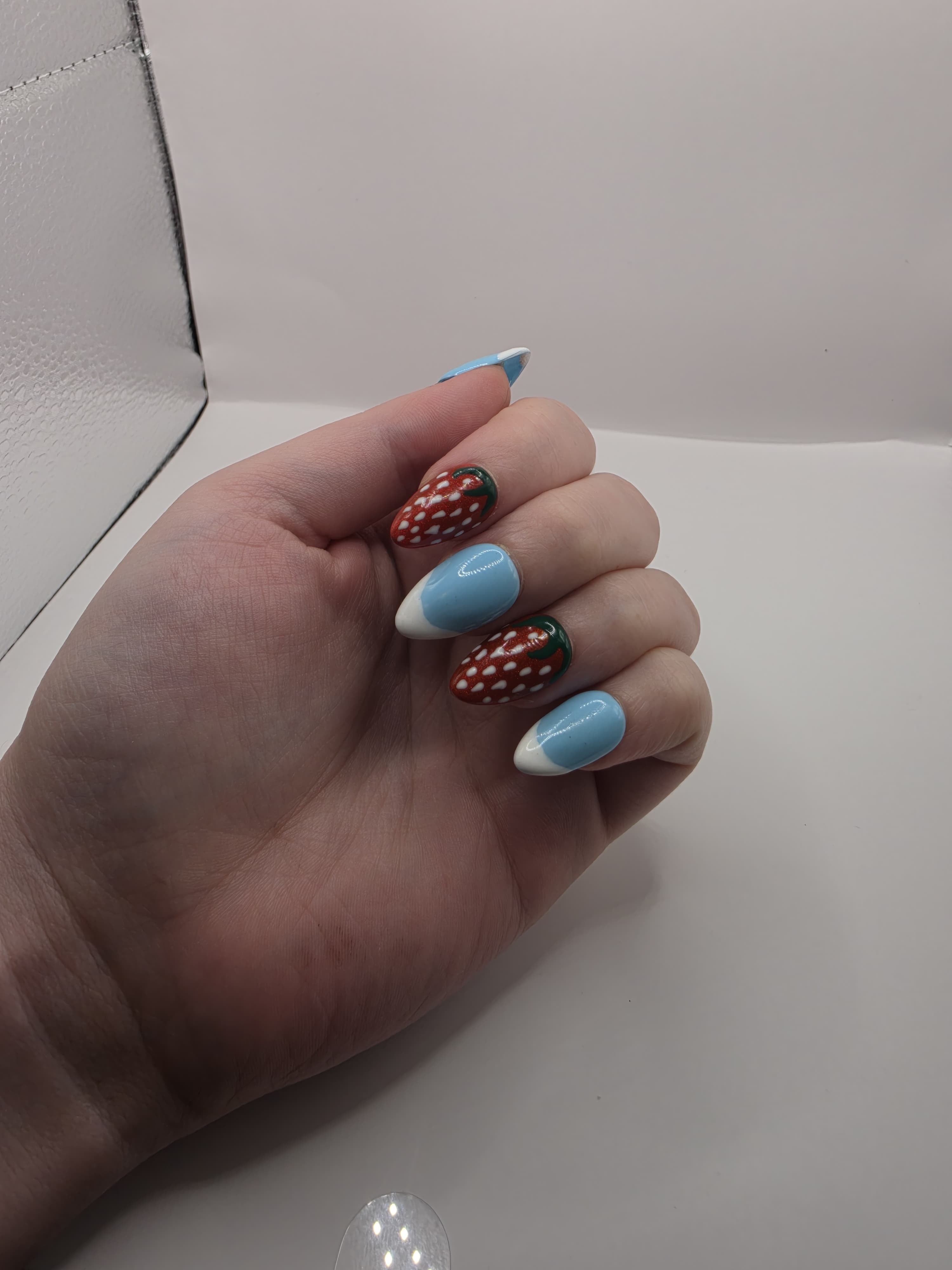 Cute Summer Strawberry with Blue and White French Tips