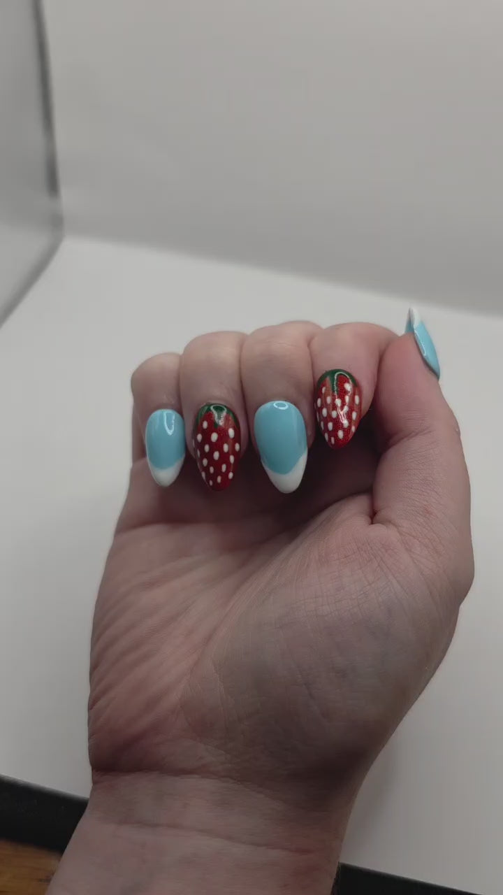 Cute Summer Strawberry with Blue and White French Tips